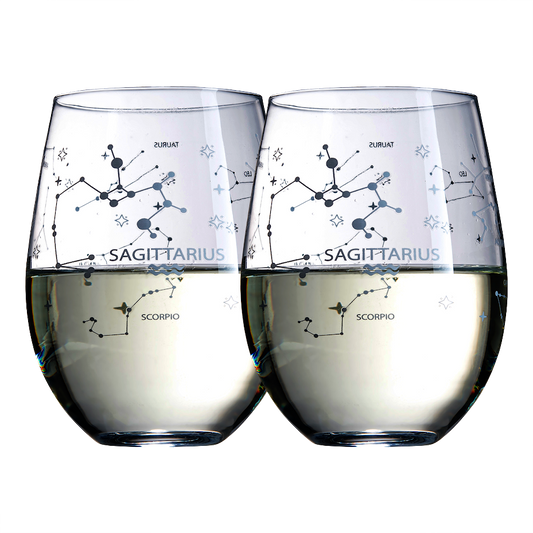 Set of 2 Zodiac Sign Wine Glasses with 2 Wooden Coasters (Sagittarius)