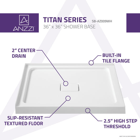 ANZZI Titan 36" x 36" Corner Shower Pan, Durable Marine Grade Acrylic, cUPC Certified, Center Drain, Slip-Resistant Flooring, White Finish