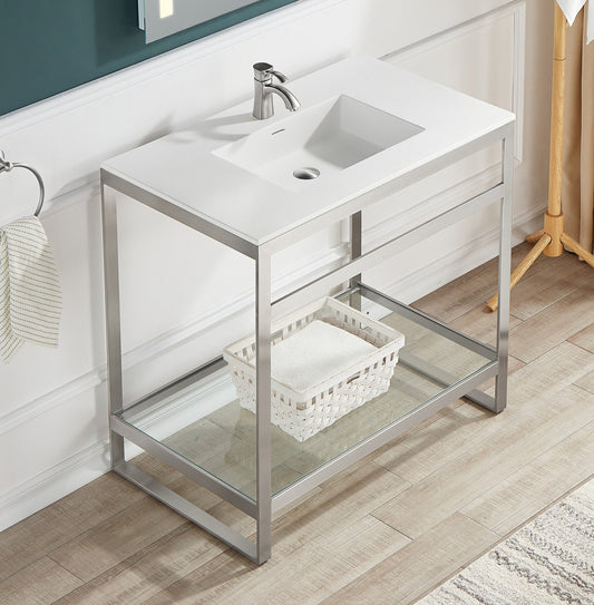 ANZZI Orchard 36" Ultramodern Console Sink (36" W x 34" H), Glossy White Solid Surface Top, Tempered Glass Shelf, Multiple Frame Finishes