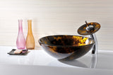 Timbre Series 17 in. Round Bathroom Vessel Sink in Kindled Amber Finish Glass with Matching Chrome Waterfall Faucet