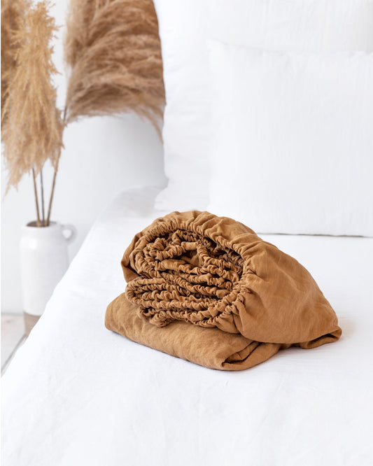 Tan linen fitted sheet