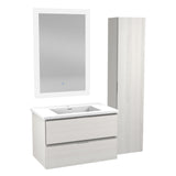 ANZZI Conques 3-Piece Vanity Set (30" W), Wall Mounted, Glossy White Stone Top, Soft-Close Drawers, LED Defogger Mirror & 55" Side Cabinet