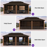 PURPLE LEAF Bronze Frame Sunroom Hardtop Gazebo Solarium Wood Grain Columns Galvanized Steel Double Roof All-Weather Screen House