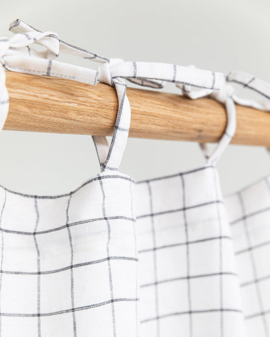 Tie top linen curtain panel (1 pcs) in Charcoal grid