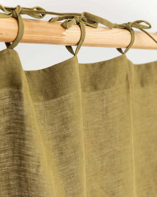 Tie top linen curtain panel (1 pcs) in Olive green
