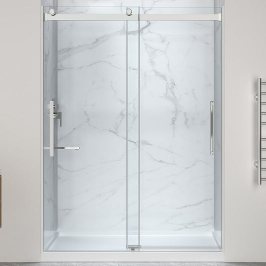 Stellar Series  76 in. x  57-60 in. Sliding Frameless Shower Door with Alcove Center Drain Shower Base - Multiple Finishes