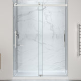Stellar Series  76 in. x  57-60 in. Sliding Frameless Shower Door with Alcove Center Drain Shower Base - Multiple Finishes