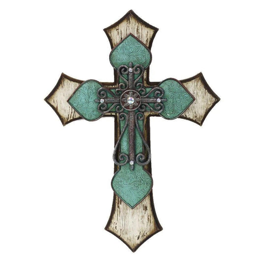 Triple-Layer Turquoise Cross Wall Decor w/ Metal Scrollwork, 4 MOQ