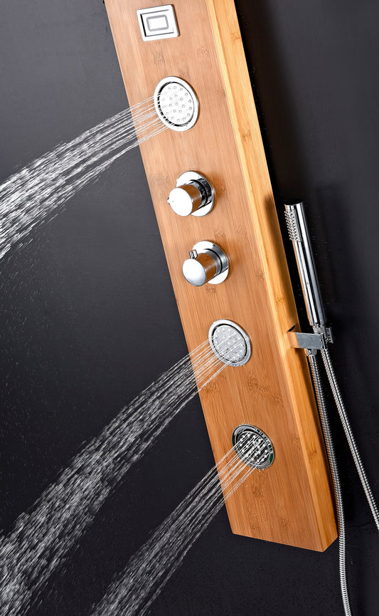 CRANE Series 60 in. 3-Jetted Full Body Shower Panel System with Heavy Rain Shower and Spray Wand in Natural Bamboo