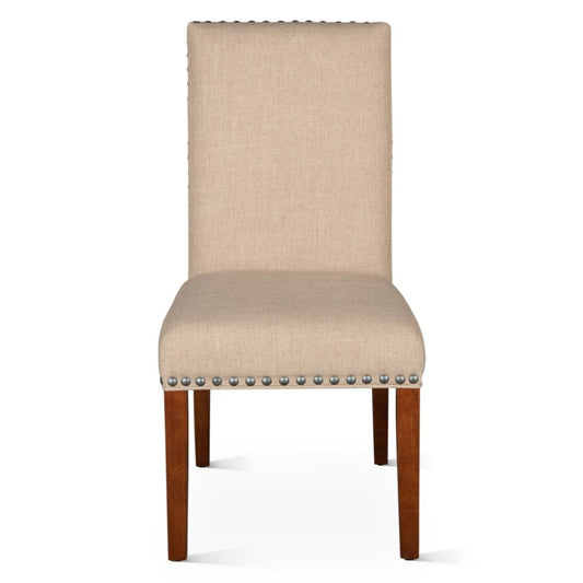 Sofie 24" Upholstered Dining Chair in Dark Beige Linen with Zinc Nailheads and Walnut Legs