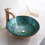 Chrona Series 17 in. Round Bathroom Vessel Sink with Stain-Resistant Non-Porous Surface in Gold/Cyan Mix Finish Glass
