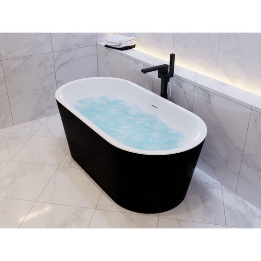 Chand Series 59 in. x 30 in. Flat Bottom Acrylic Freestanding Soaking Bathtub with Center Drain in Glossy Black