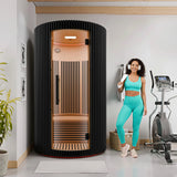 1-2-Person Round Infrared Sauna with Canadian Hemlock Wood, Infrared Heating Panels, Red Light Heater, and Glass Door