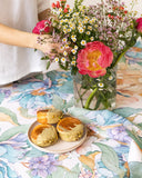 Round linen tablecloth in Vibrant peonies print on white