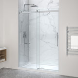 Stellar Series  76 in. x  57-60 in. Sliding Frameless Shower Door with Alcove Center Drain Shower Base - Multiple Finishes