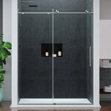 Mountain 60 in x 76 in. Reversible Frameless Sliding Deco-Glass Shower Door with Soft-Close System - Multiple Finishes