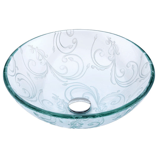 Vieno Series 17 in. Bathroom Vessel Sink with Scratch-Tough and Stain-Resistant Non-Porous Surface in Clear Floral Glass