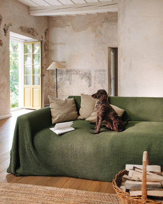 Waffle linen couch cover in Forest green