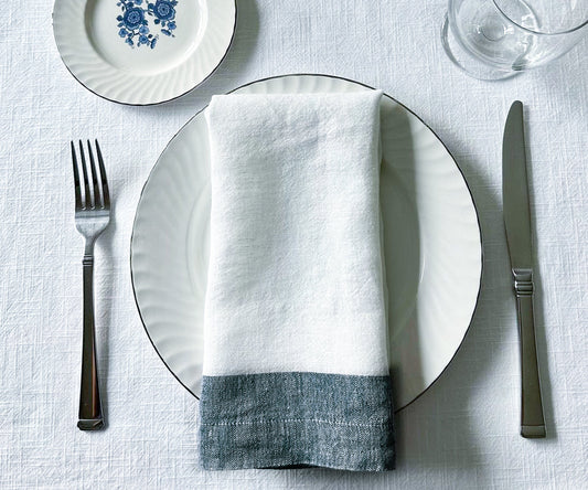 White Linen Napkins - Green Border