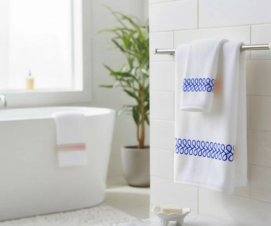 White Cotton Bath Towel with Royal Blue Embroidery