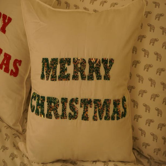 Merry Christmas Green Text Pillow Cover (Set of 1)