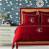 Monogram Burgundy 400TC Cotton Small Scallop Embroidery Duvet Cover Set