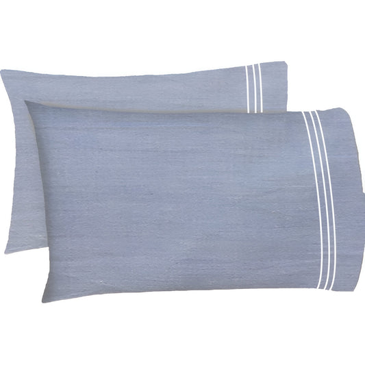 200TC Yarn Dyed Chambray Indigo Blue Triple Embroidery Pillowcases (Set Of 2)