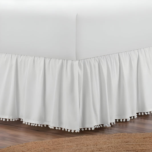 400TC Cotton Pom Fringe Sateen Solid Gathered Boho Bed Skirt