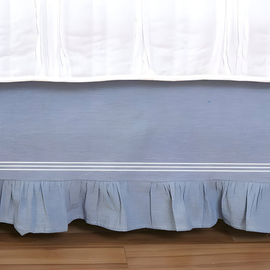 200TC Yarn Dyed Chambray Indigo Blue Triple Embroidery Ruffle Bed Skirt