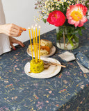 Wildflowers print on deep navy blue linen tablecloth