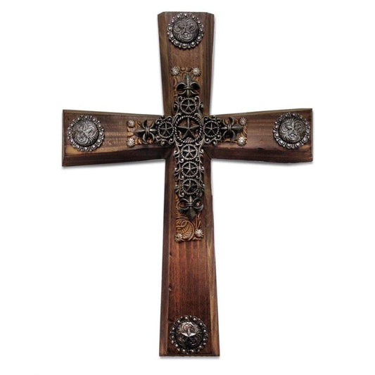 Wood Cross Wall Decor w/ Star & Concho Overlay, 4 MOQ