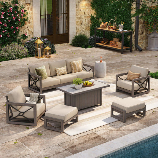Marindo 6-Piece Faux-Wood Aluminum Patio Set with Fire Pit and Ottomans