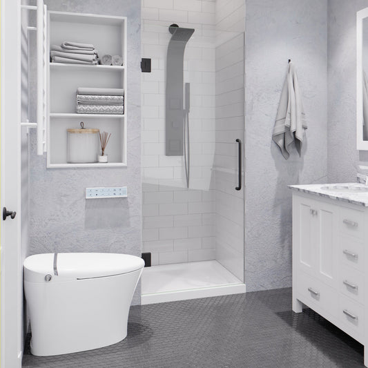 Fellow Series 24 in. x 70 in. Frameless Hinged Shower Door with Clear/Frosted Tempered Glass and Tsunami Guard