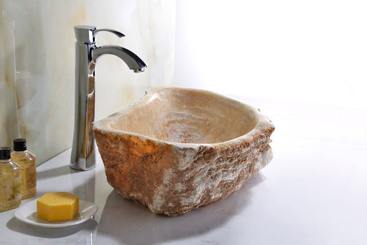 Desert Shell 20 in. Handcrafted Irregular Shaped Solid Surface Bathroom Vessel Sink in Honey Onyx Natural Stone