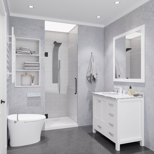 Fellow Series 24 in. x 70 in. Frameless Hinged Shower Door with Clear/Frosted Tempered Glass and Tsunami Guard