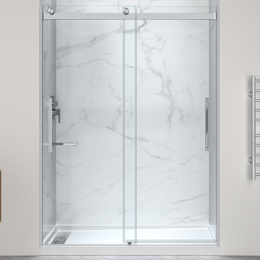 Stellar Series 76 in. x 57-60 in. Sliding Frameless Shower Door with Alcove Shower Base - Multiple Finishes