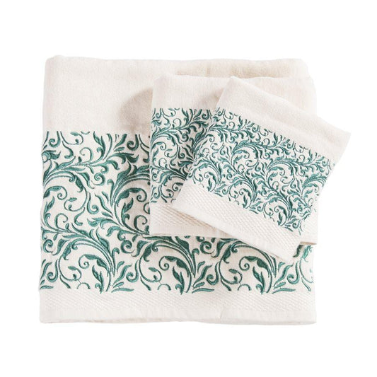 Wyatt Turquoise Scroll 3PC Bath Towel Set, Cream, 2 MOQ