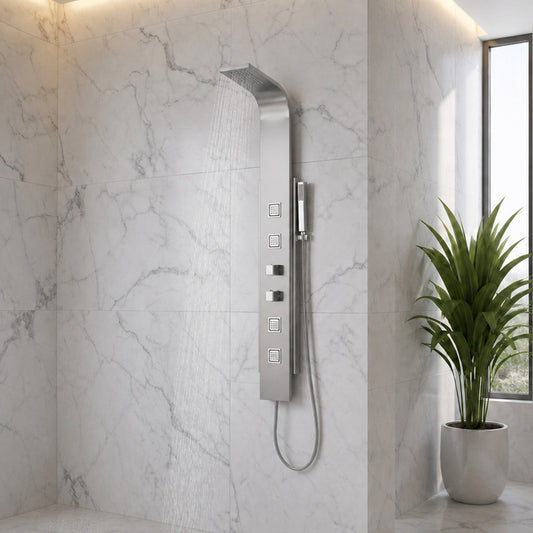 VISOR Series 60 in. 4-Jetted Full Body Shower Panel System with Heavy Rain Shower and Spray Wand in Brushed Steel