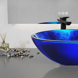 Belissima Series 17 in. L x 17 in. W  Round Bathroom Vessel Sink in Stellar Blue Finish Glass with Chrome Pop-Up Drain