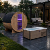 4-6 Person Electric Rock Heater Outdoor White Cedar Sauna with 1-Person Chestnut Cold Plunge with 1-Hp Built-in Chiller