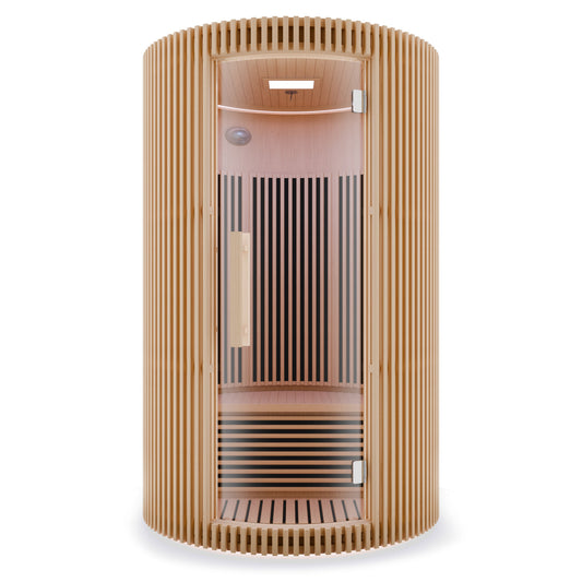 1-2-Person Round Infrared Sauna with Canadian Hemlock Wood, Infrared Heating Panels, Red Light Heater, and Glass Door