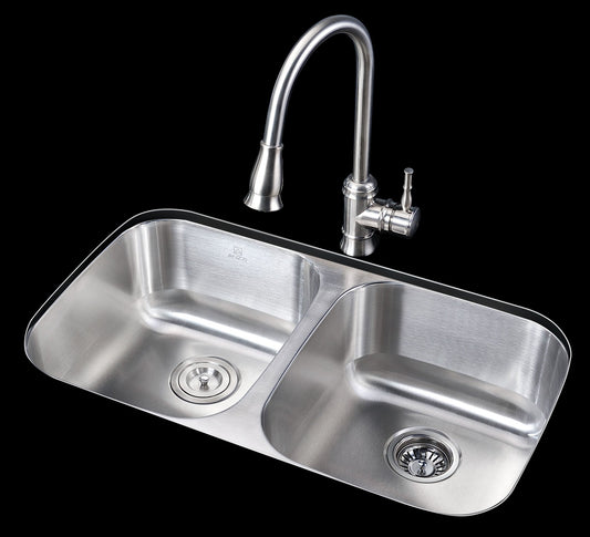 Moore Series 14.625 in. Undermount Double Bowl 16 Gauge Brushed Satin Finish Stainless Steel Kitchen Sink with Drain
