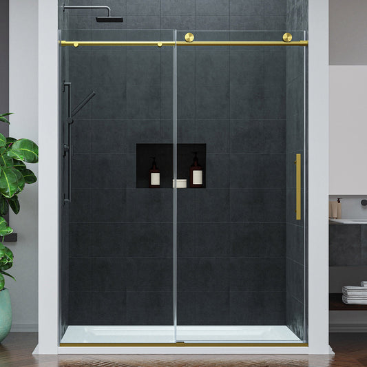 Mountain 60 in x 76 in. Reversible Frameless Sliding Deco-Glass Shower Door with Soft-Close System - Multiple Finishes