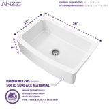 Prisma Series Farmhouse Solid Surface 36 in. 0-Hole Single Bowl Kitchen Sink with 1 Strainer in Matte White