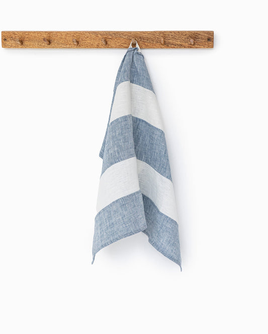 Zero-waste striped linen tea towel in Blue melange