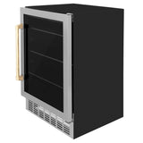 ZLINE 24" Autograph Edition 154 Can Beverage Cooler Fridge with Adjustable Shelves in Stainless Steel with Gold Accents RBVZ-US-24-G
