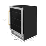 ZLINE 24" Autograph Edition 154 Can Beverage Cooler Fridge with Adjustable Shelves in Stainless Steel with Gold Accents RBVZ-US-24-G