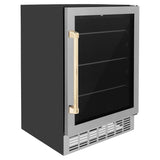ZLINE 24" Autograph Edition 154 Can Beverage Cooler Fridge with Adjustable Shelves in Stainless Steel with Gold Accents RBVZ-US-24-G