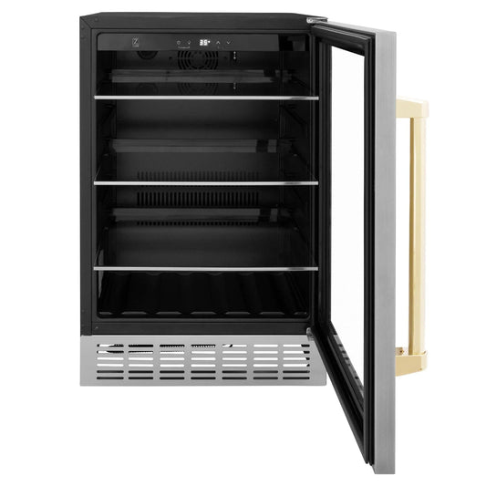 ZLINE 24" Autograph Edition 154 Can Beverage Cooler Fridge with Adjustable Shelves in Stainless Steel with Gold Accents RBVZ-US-24-G