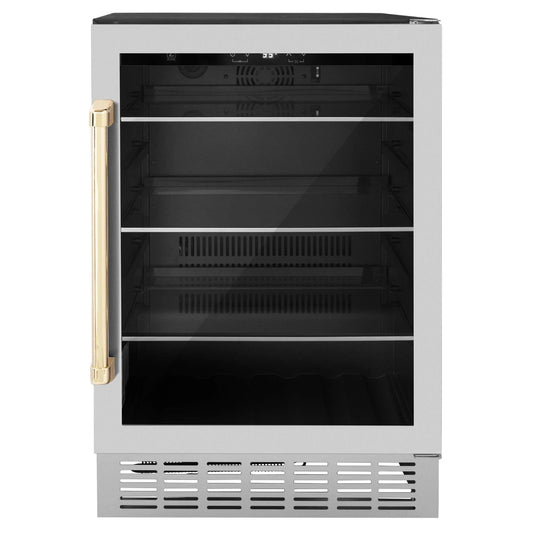 ZLINE 24" Autograph Edition 154 Can Beverage Cooler Fridge with Adjustable Shelves in Stainless Steel with Gold Accents RBVZ-US-24-G